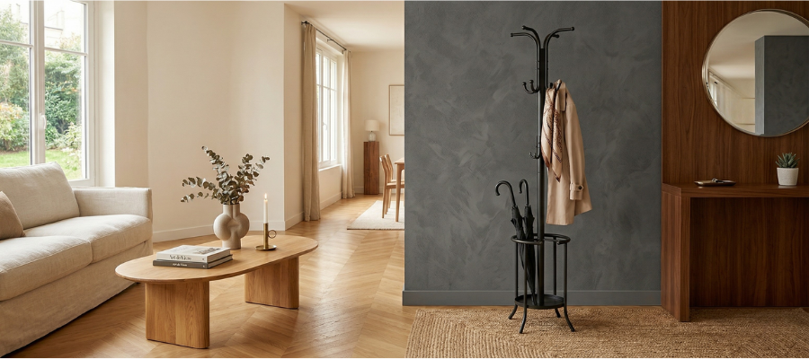 Aménagement d'un salon moderne avec table basse ovale en bois et entrée élégante équipée d'un porte-manteau sur pied en métal noir avec porte-parapluie intégré.