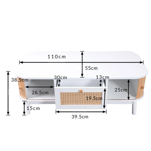 Table Basse Élégante, Bois & Blanc avec Tiroir et Rangements, Design Naturel Moderne – BOREA