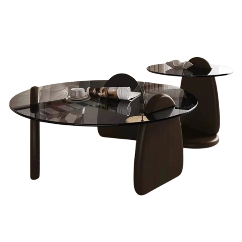 Table Basse Ronde en Verre Trempé, Design Moderne Minimaliste, Plateau Transparent & Pieds Noir Mat - LUNA