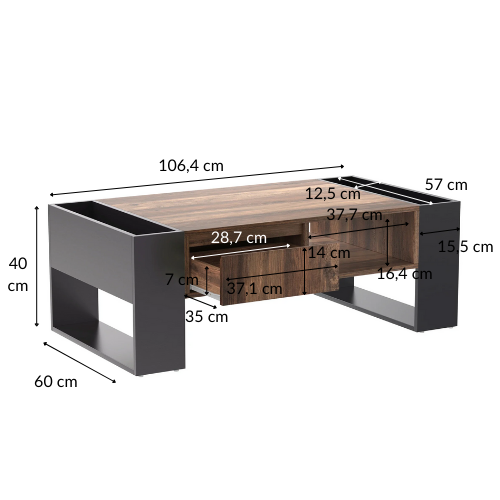 Table Basse Rectangulaire Bois & Noir avec Rangements Multiples, Design Moderne Industriel –  URBANA