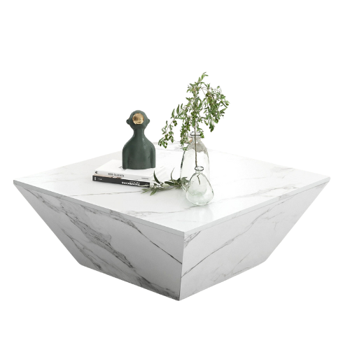 Table Basse Carrée Effet Marbre Blanc, Design Trapézoïdal Moderne avec Rangement Caché – TRAPEZIA