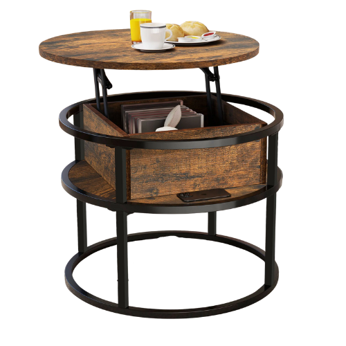 Table Basse Ronde Relevable, Bois Vintage & Métal Noir, Rangement Caché, Style Rétro Industriel - NOVA RISE