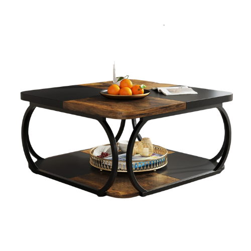 Table basse carrée bois & métal avec double plateau de rangement, Design Rustique & Moderne - ARKA