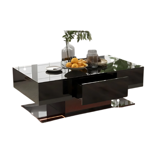 Table Basse Moderne Rectangulaire, Finition Brillante avec LED Multicolores & Tiroirs de Rangement - PRISMA