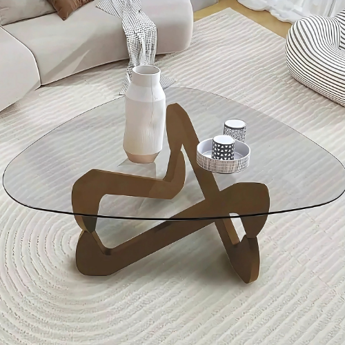 Table Basse Triangulaire en Verre Trempé et Bois Massif, Design Mid-Century - ARTÉVA