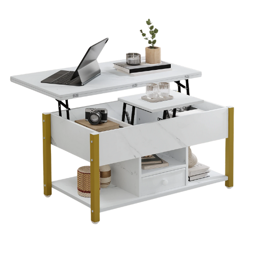 Table Basse Relevable 4-en-1, Marbre Blanc Élégant, Rangement Caché & Plateau Multifonction - QUADRA