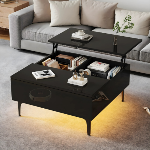 Table Basse Carrée Noire Brillante avec Rangement - LUCERNA