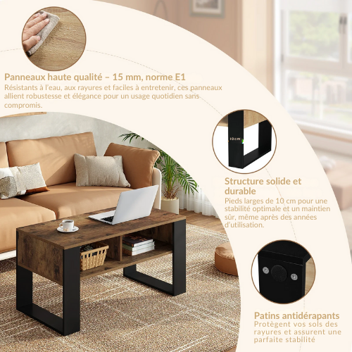 Table Basse Rectangulaire avec Rangement, Style Industriel Vintage, Bois et Métal - RUSTICA
