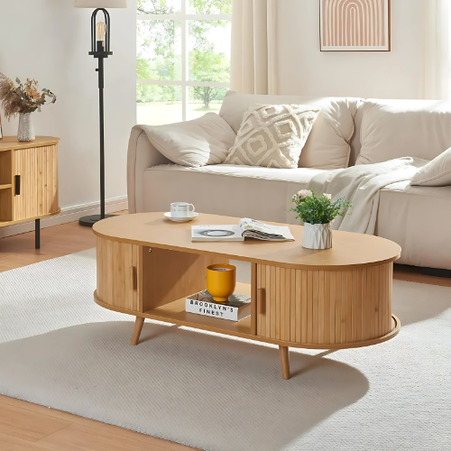 Table Basse Ovale en Bambou avec Rangements Intégrés - NATIVA