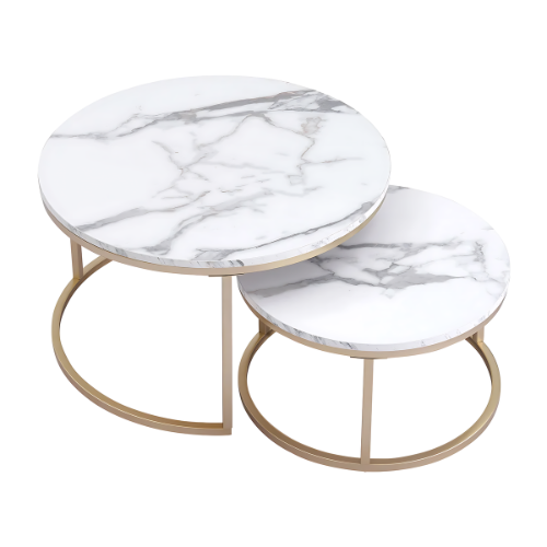 Set de Tables Gigognes Rondes en Marbre Blanc et Métal Doré, Design Moderne Scandinave pour Salon ou Chambre - ORAKA