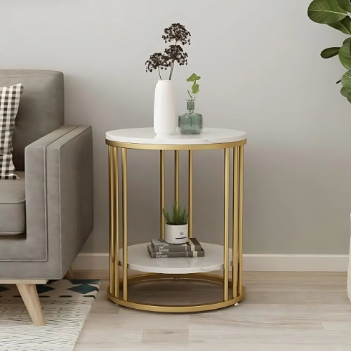 Table d’appoint ronde effet marbre blanc et métal doré, Design moderne & raffiné pour salon ou chambre - ORIANA