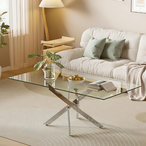 Table Basse en Verre Trempé et Métal Chromé au Design Moderne - TAVOLA LUCENTE