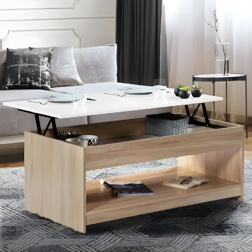 Table basse relevable, Design contemporain blanc et bois avec rangement intégré - Lunéo