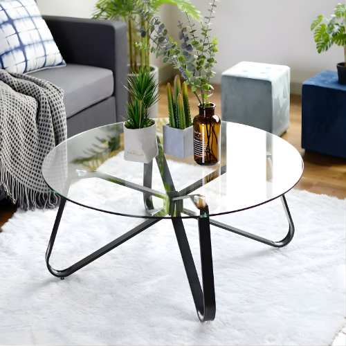 Table Basse, Élégance Minimaliste en Verre Trempé et Métal Noir - RONDA