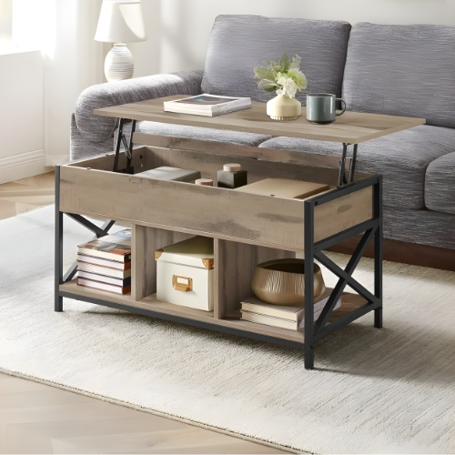 Table basse relevable, Style industriel avec rangements, Chêne rustique & structure noire - LEGNOX