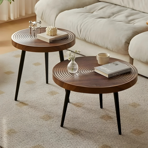 Tables Basses Rondes Design Bois & Métal, Ensemble de 2 Tables Empilables pour Salon Moderne - CIRCULA NATURAE