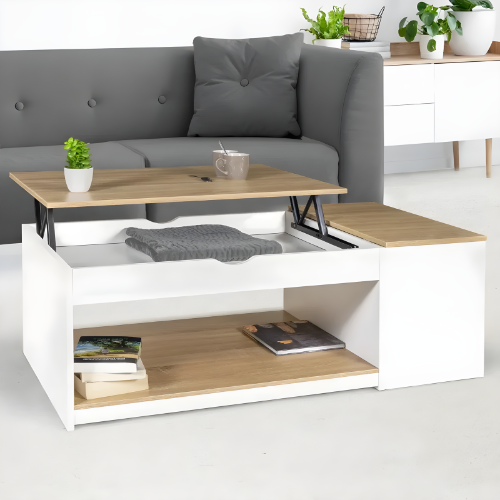 Table basse relevable, Bois & Blanc laqué, Design moderne avec rangements intégrés - ARKINA