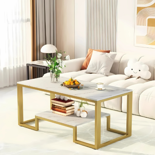 Table basse design rectangulaire en marbre blanc et métal doré - AURELIA