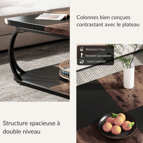 Table basse carrée bois & métal avec double plateau de rangement, Design Rustique & Moderne - ARKA