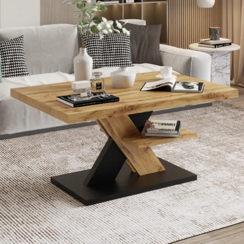 Table Basse Design en Bois avec Rangement Intégré et Piétement Croisé – VIRELLO