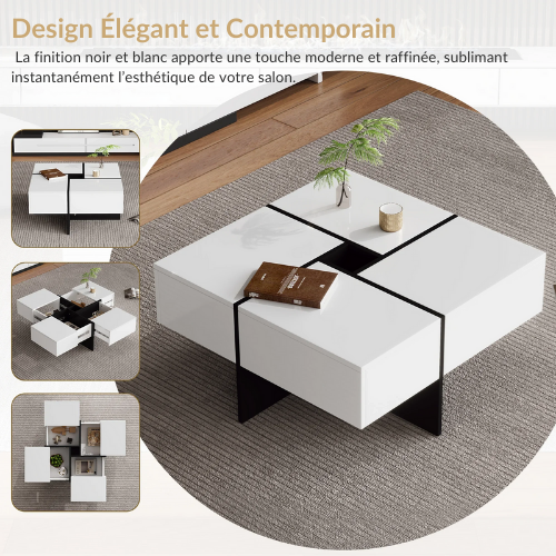 Table Basse Carrée Noir & Blanc Brillant, 4 Tiroirs de Rangement, Design Contemporain Élégant - NEXUS