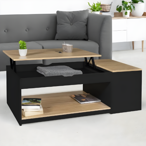Table basse relevable, Design moderne bicolore avec rangements intégrés - TOKKA