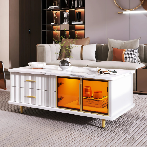 Table basse blanche avec rangements, façade vitrée et tiroirs – NOCTURA