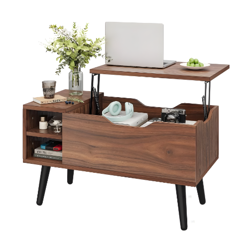 Table basse relevable en bois noyer rustique avec compartiment caché et tiroir - ASANA