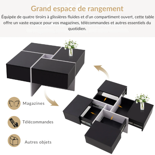 Table Basse Carrée Noir & Blanc Brillant, 4 Tiroirs de Rangement, Design Contemporain Élégant - NEXUS