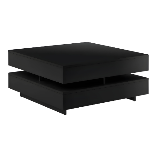 Table Basse Carrée Design en Bois Noir Brillant avec Rangement Caché, Élégance Contemporaine et Fonctionnalité pour Salon Moderne - OBSIDIAN