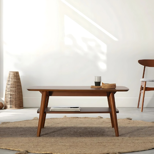 Table Basse en Bois Noyer, Design Moderne avec Plateau Inférieur de Rangement - NUCIS
