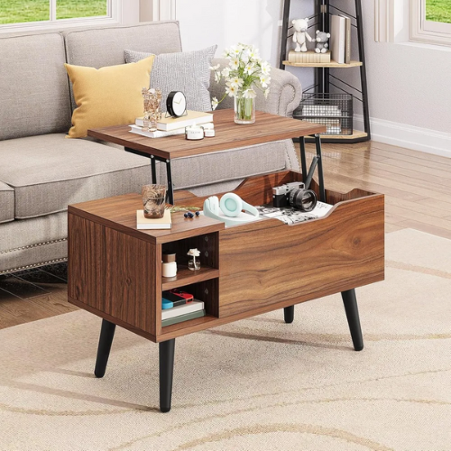 Table basse relevable en bois noyer rustique avec compartiment caché et tiroir - ASANA