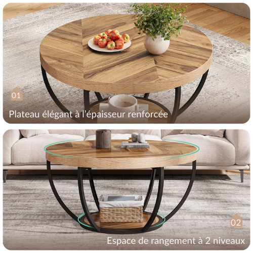 Table Basse Ronde en Bois & Métal Tribesigns, Double Plateau de Rangement, Design Antique & Moderne - NATIVA