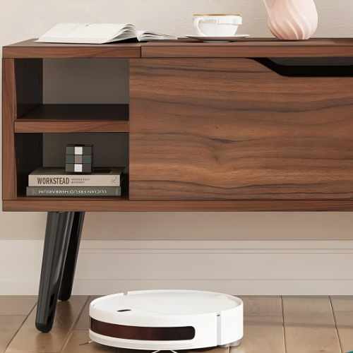 Table basse relevable en bois noyer rustique avec compartiment caché et tiroir - ASANA