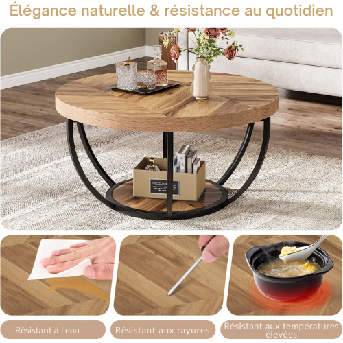 Table Basse Ronde en Bois & Métal Tribesigns, Double Plateau de Rangement, Design Antique & Moderne - NATIVA