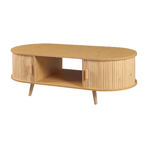 Table Basse Ovale en Bambou avec Rangements Intégrés - NATIVA