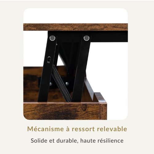 Table Basse Relevable avec Rangement Caché, Bois Vintage & Pieds Métal, Hauteur Ajustable - ARCANA