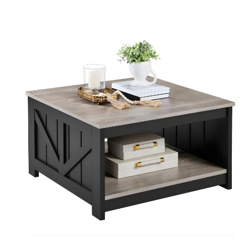 Table Basse Carré, Élégance Rustique et Espace de Rangement Généreux - RIVAGE