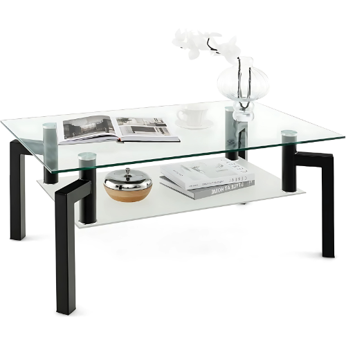 Table Basse Rectangulaire Moderne en Verre Trempé avec Étagère et Pieds Métalliques - TAVOLINA