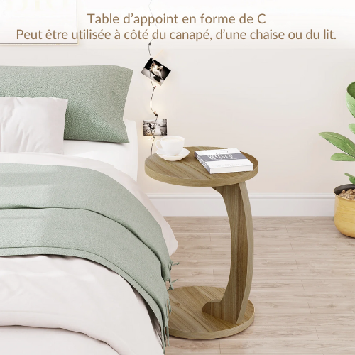 Table d’Appoint en Forme de C, Bout de Canapé Moderne, Bois et Métal, Gain de Place - ARCOVA