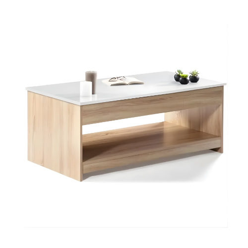 Table basse relevable, Design contemporain blanc et bois avec rangement intégré - Lunéo
