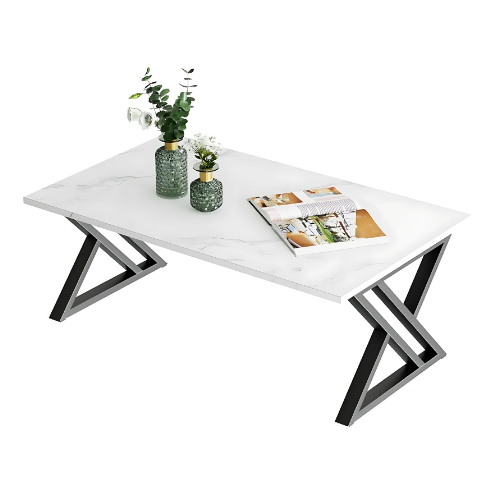 Table basse design avec plateau marbré et pieds géométriques en métal - VERTIGO