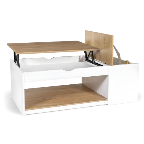 Table basse relevable, Bois & Blanc laqué, Design moderne avec rangements intégrés - ARKINA