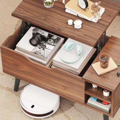 Table basse relevable en bois noyer rustique avec compartiment caché et tiroir - ASANA