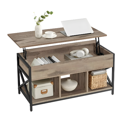 Table basse relevable, Style industriel avec rangements, Chêne rustique & structure noire - LEGNOX