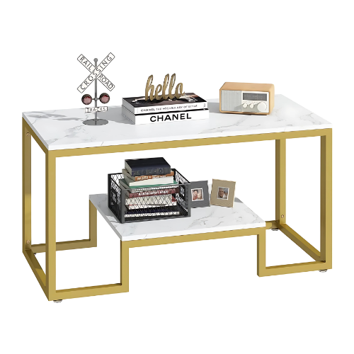 Table basse design rectangulaire en marbre blanc et métal doré - AURELIA