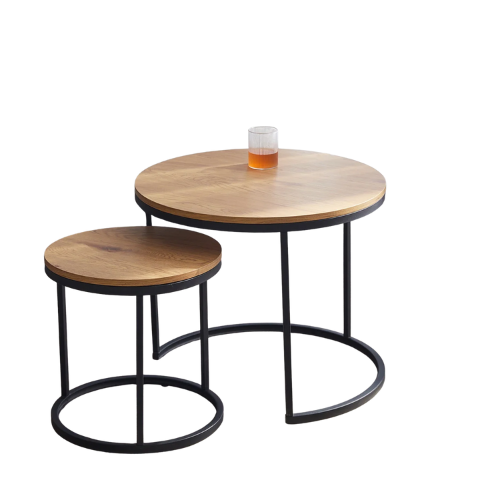 Lot de 2 Tables Basses Rondes Gigognes, Design Nordique Minimaliste, Bois & Métal, Salon Moderne - ARCOS DUO