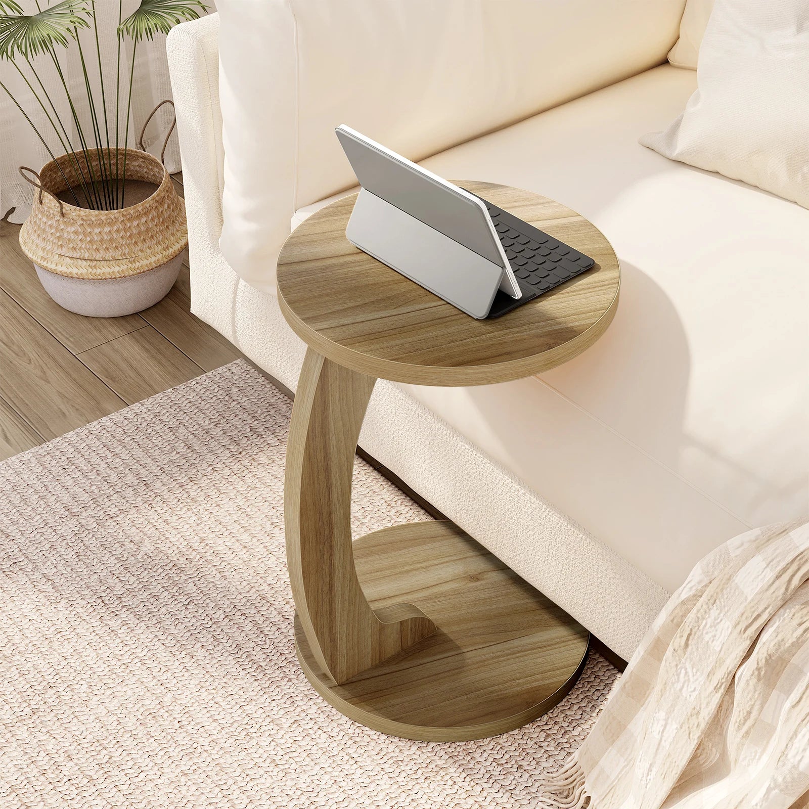 Table d’Appoint en Forme de C, Bout de Canapé Moderne, Bois et Métal, Gain de Place - ARCOVA