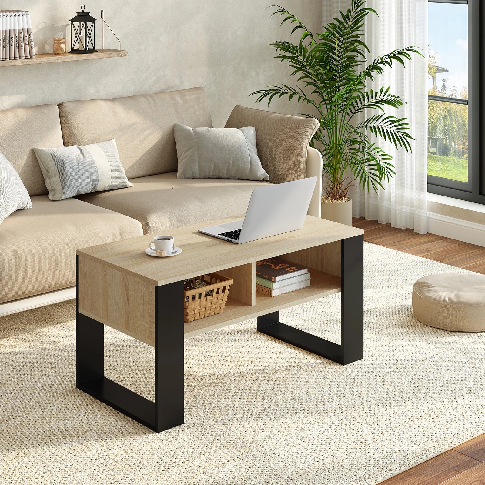 Table Basse Rectangulaire avec Rangement, Style Industriel Vintage, Bois et Métal - RUSTICA