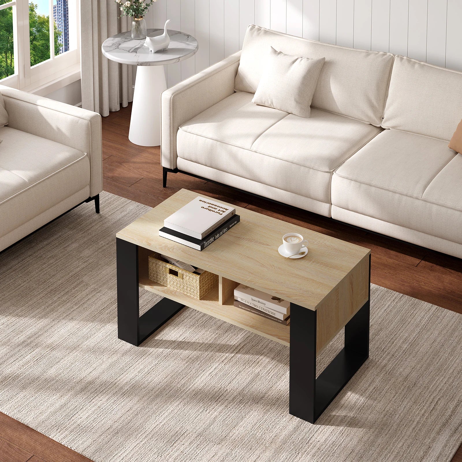 Table Basse Rectangulaire avec Rangement, Style Industriel Vintage, Bois et Métal - RUSTICA